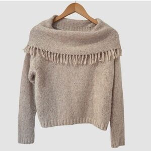 Brochu Walker Tan Beige Fringe Sweater L Wool Alpaca Old Money Cozy Cabincore